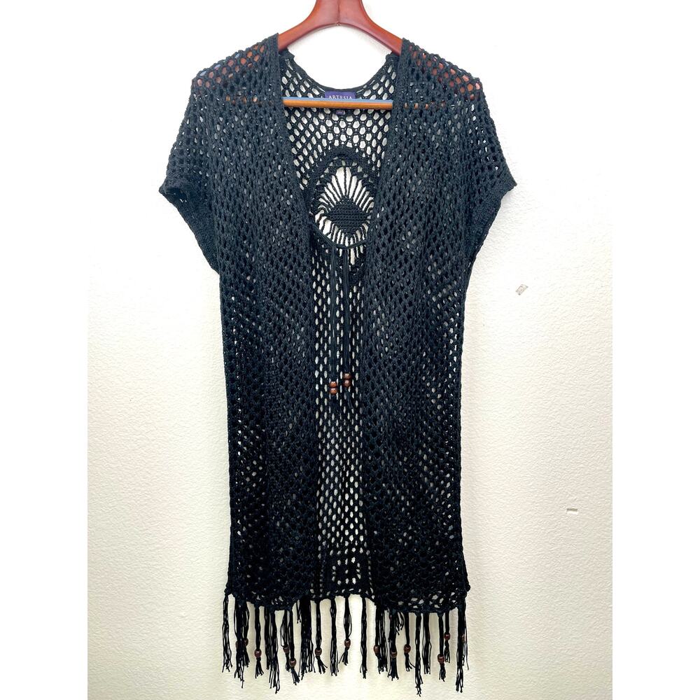 Womens Kimono Sz L Crochet Dark Fairy Beaded Fringe Whimsigoth Festival Boho